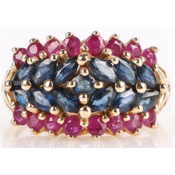 14K YELLOW GOLD BLUE & RED TOPAZ LADIES RING