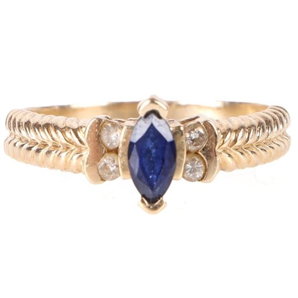 14K YELLOW GOLD BLUE SAPPHIRE & DIAMOND RING