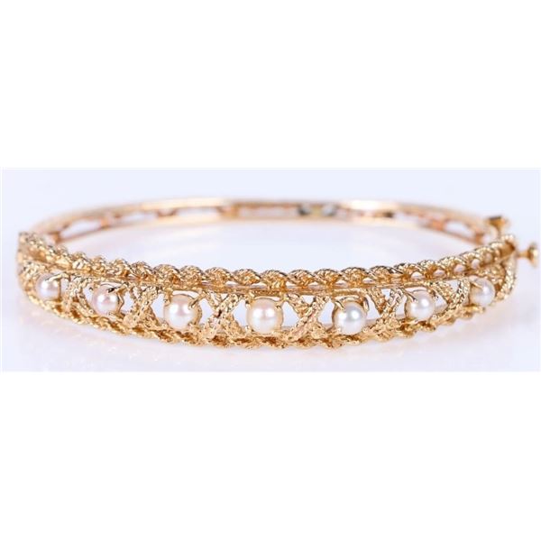 14K YELLOW GOLD PEARL HINGED LADIES CUFF BRACELET