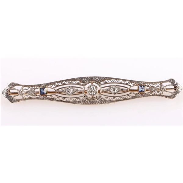 ANTIQUE ART DECO 14K GOLD DIAMOND SAPPHIRE BROOCH
