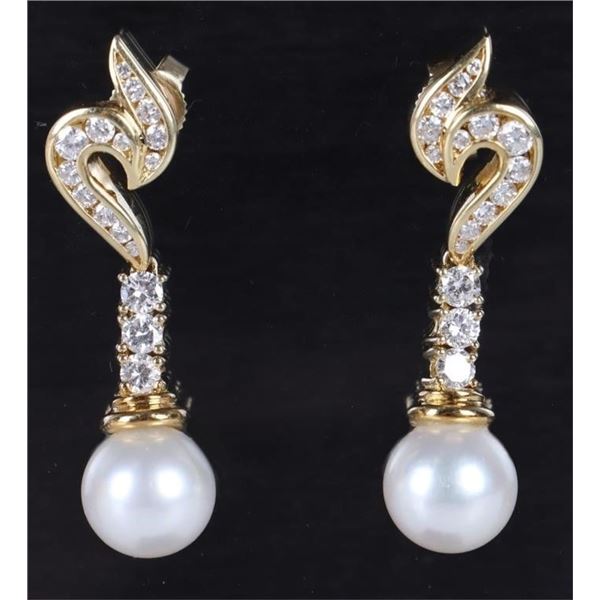 18K YELLOW GOLD DIAMOND PEARL LADIES EARRINGS