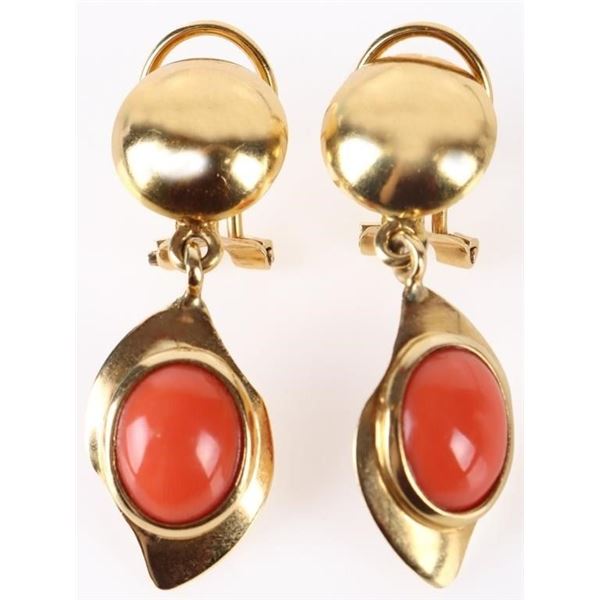 INSET CORAL 18K YELLOW GOLD LADIES EARRINGS