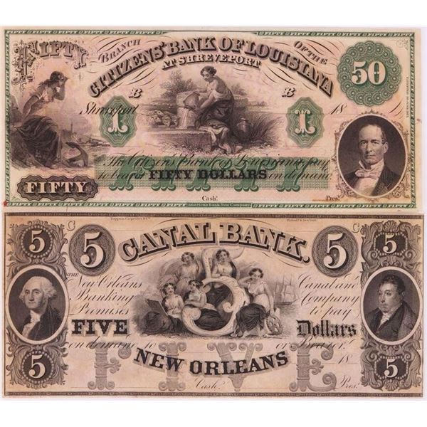 1850's $5 & $50 LOUISIANA OBSOLETE USA BANKNOTES