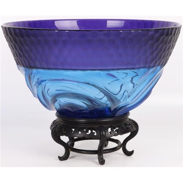 KAY AKIU MOSER BLUE GLASS HANDMADE BOWL W/ STAND