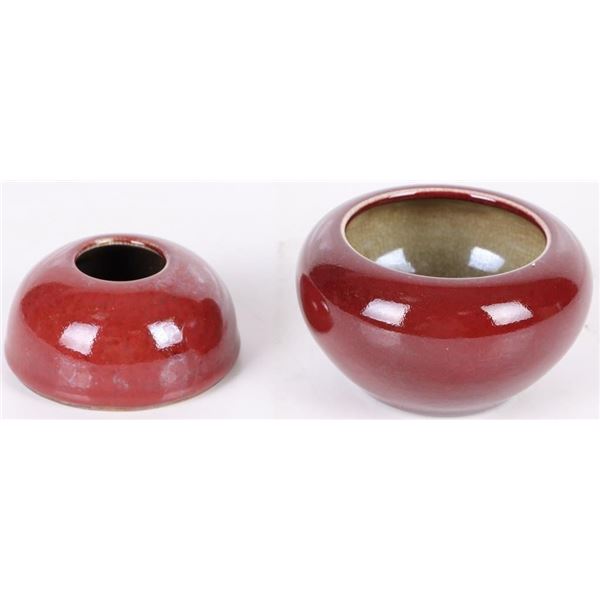 CHINESE RED PORCELAIN INK WELL & BOWL