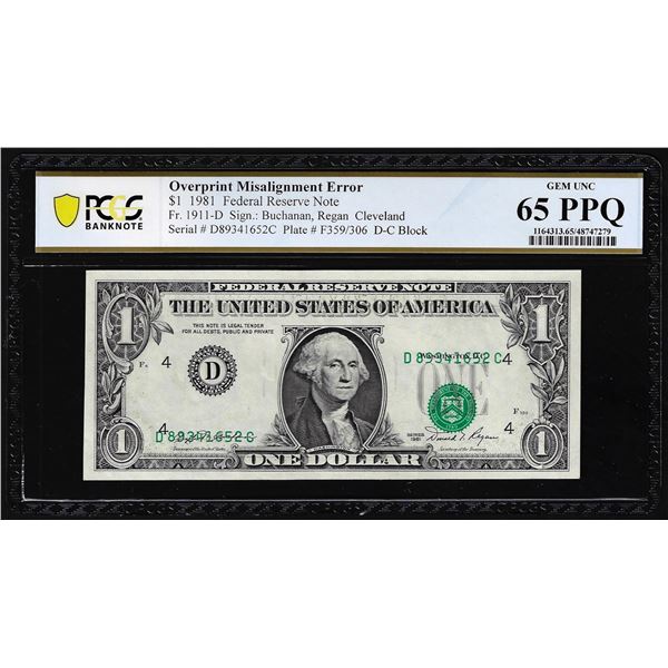 1981 $1 Federal Reserve Note Cleveland Misaligned Overprint Error PCGS Gem Unc 65PPQ