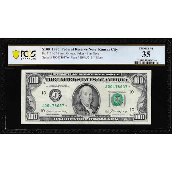 1985 $100 Federal Reserve STAR Note Kansas City Fr.2171-J* PCGS Choice VF 35
