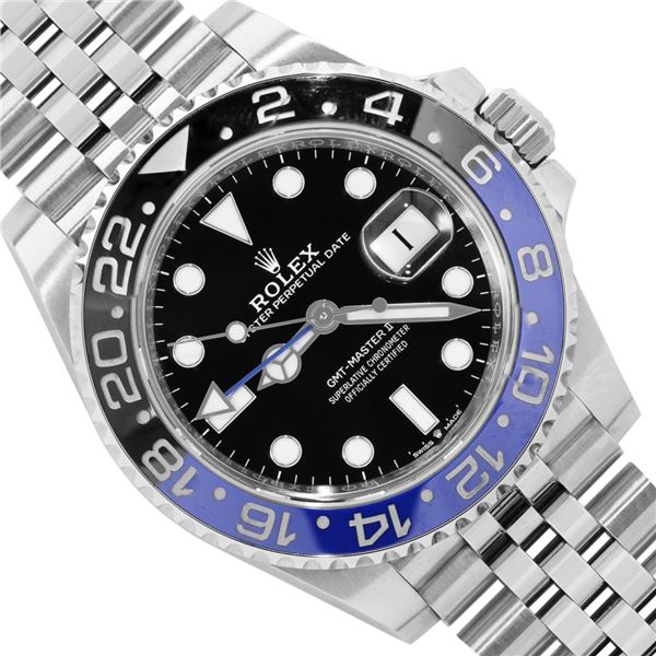 Rolex Mens Stainless Steel "Batgirl" GMT Master 2 Wristwatch With Rolex Box And Card