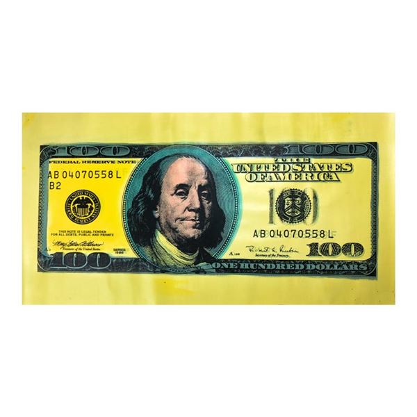 Steve Kaufman (1960-2010) "100 Dollar New Ben Bill" Original Mixed Media on Canvas