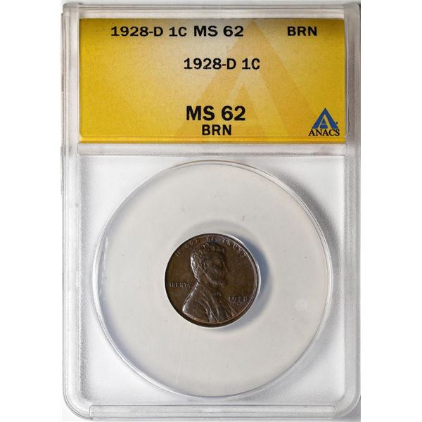 1928-D Lincoln Wheat Cent Coin ANACS MS62BRN