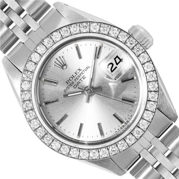 Rolex Ladies Stainless Steel Silver Index Diamond Date Wristwatch With Rolex Box