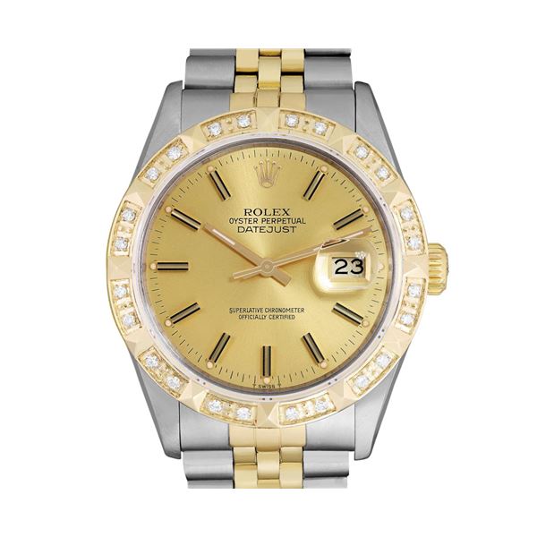 Rolex Mens Two Tone Champagne Index Diamond Datejust Wristwatch With Rolex Box
