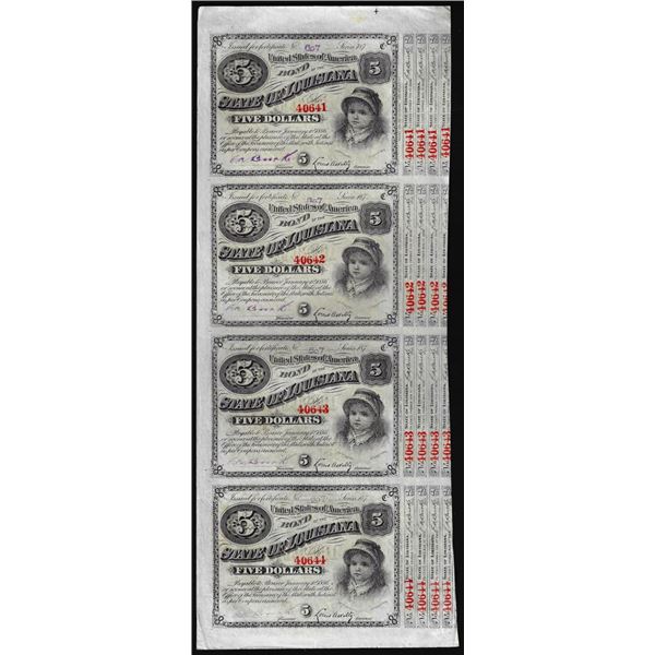 Uncut Sheet of (4) State of Louisiana Baby Bond Obsolete Notes