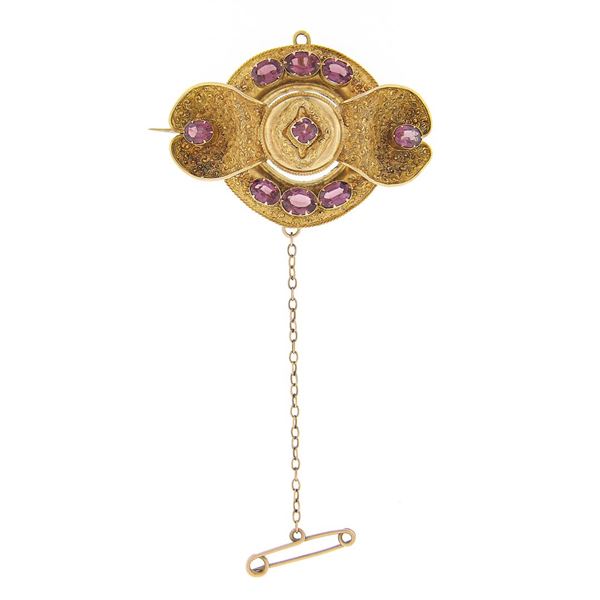 Antique Etruscan Revival 14k Gold Rhodolite Garnet Floral Repousse Work Brooch