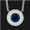 Image 3 : NEW 14K White Gold 1.07 ctw Round Sapphire & Diamond Halo Pendant Chain Necklace