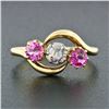 Image 2 : Antique Victorian 18K Gold 1.18 ctw Diamond & European Pink Sapphire 3 Stone Rin