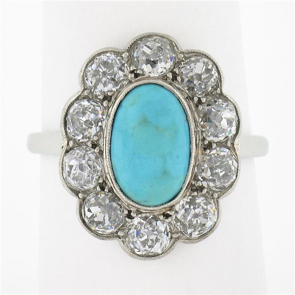 Antique Victorian 18k Gold Oval Cabochon Turquoise w/ Mine Cut Diamond Halo Ring