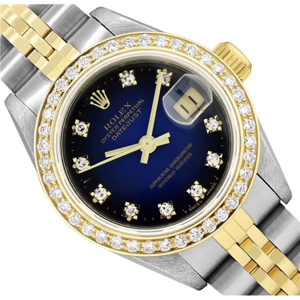 Rolex Ladies Quickset 18K Gold And Steel Blue Vignette Diamond Datejust Wristwat