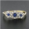 Image 2 : Vintage British 9k Gold Round White & Blue Cubic Zirconia 3 Flower Cluster Ring