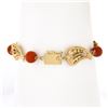 Image 2 : Vintage 14k Yellow Gold Beaded Open Work Leaf Link 6.5 Bracelet w/ Coral Beads