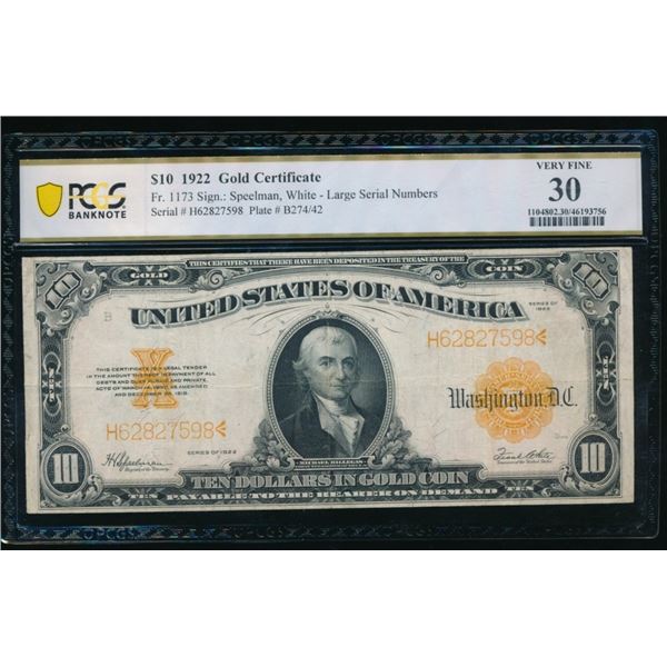 1922 $10 Gold Certificate PCGS 30