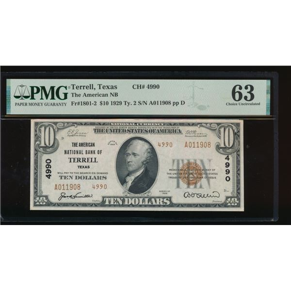 1929 $10 Terrell TX National PMG 63