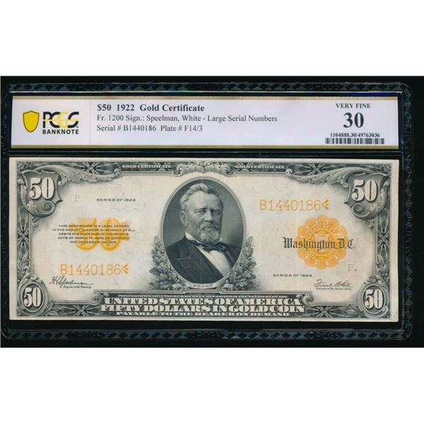 1922 $50 Gold Certificate PCGS 30