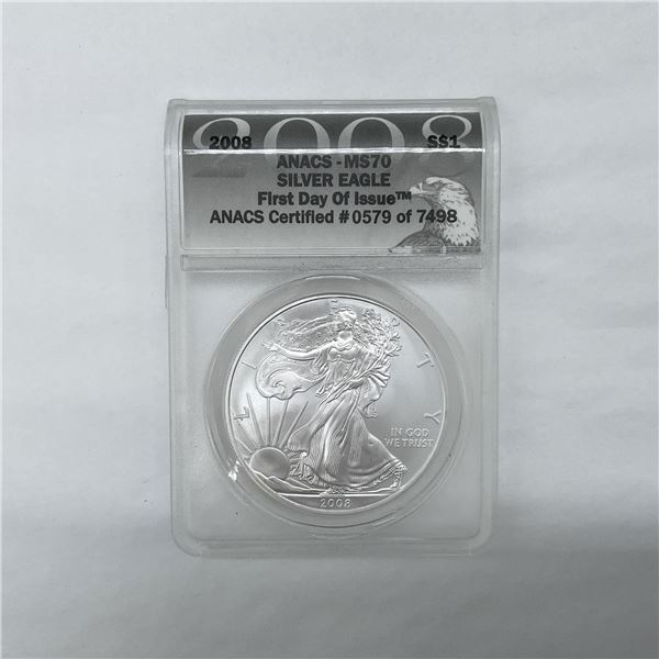 2008 Silver Eagle Dollar ANACS Graded MS70 FDOI