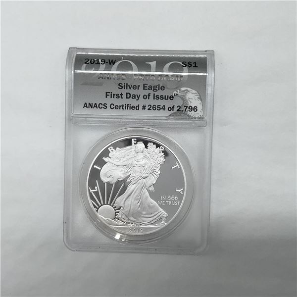 2019-W Silver Eagle Dollar ANACS Graded PR70 DCAM FDOI
