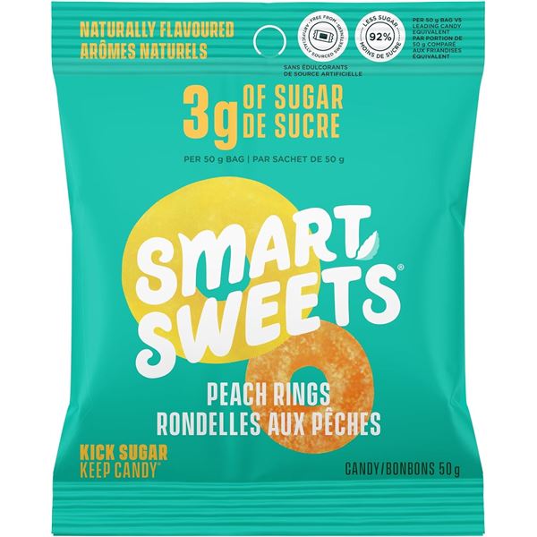 NEW 12 PACK OF SMART SWEETS PEACH RINGS - TANGY
