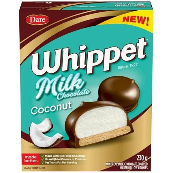 NEW 2 X 230G DARE WHIPPET MILK CHOCOLATE COCONUT