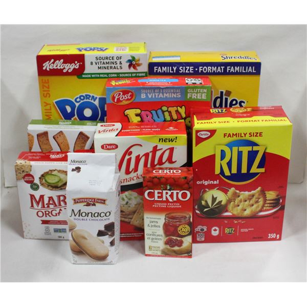 NEW FLAT OF ASSORTED CRACKERS AND CERAL