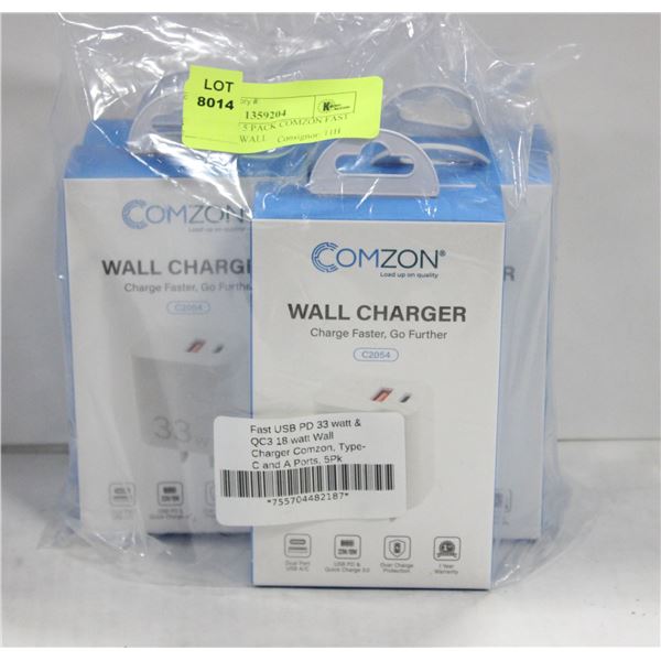 BRAND NEW 5 PACK COMZON FAST USB PD 33W WALL