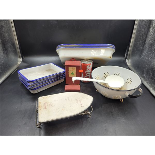 Vintage Enamel Pans, Matchbox Holder, & Iron Rest
