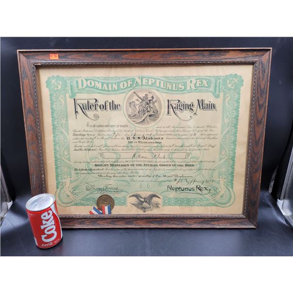 Framed Domain of Neptunus Rex Ruler of the Raging Main U.S. Navy Certificate