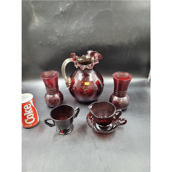 Ruby Red Ruffled Pitcher, Vases, Teacup, & Sugar Dish