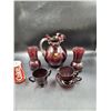 Image 1 : Ruby Red Ruffled Pitcher, Vases, Teacup, & Sugar Dish