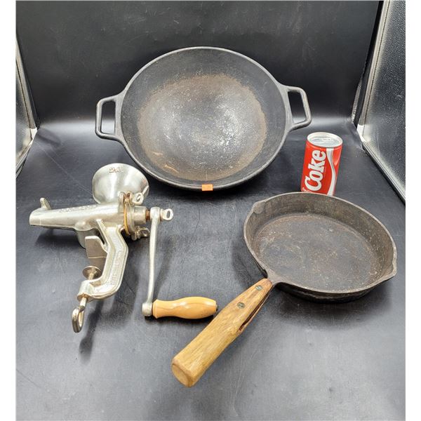 Vintage Porkert Meat Grinder & Cast Iron Pans