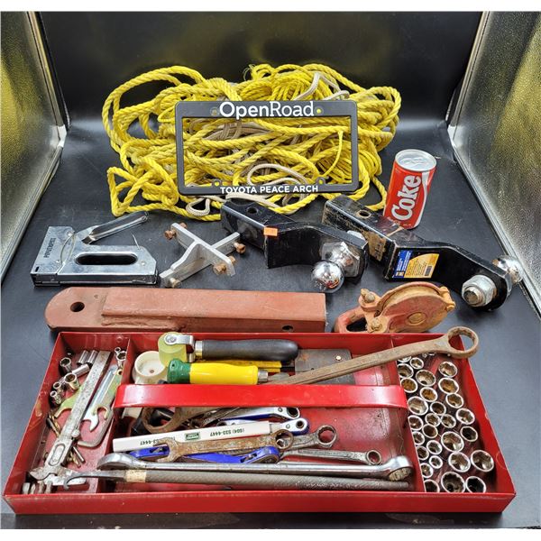 Rope, License Plate Cover & Misc. Tool Lot