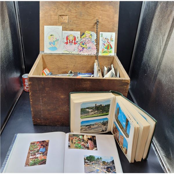 Large Lot of Assorted Vintage Postcards w/ Wooden Box