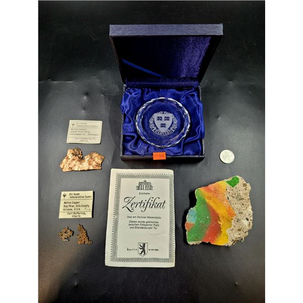 Piece of the Berlin Wall and Copper Pieces From Mines and Harvard Crystal Medallion