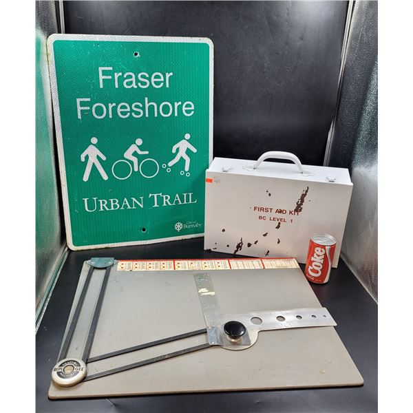 Aluminum Trail Sign/Vintage Metal First Aid Kit Box and Vintage Drafting Machine
