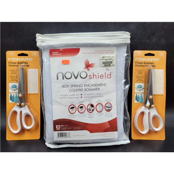 New Fiskars Fringe Scissors and Queen Box Spring Encasement