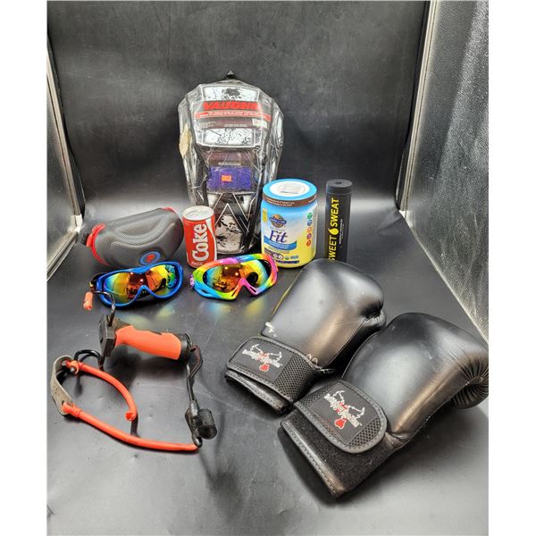 Sporting Goods Lot with Ski Googles Hockey Helmet and Boxing Gloves