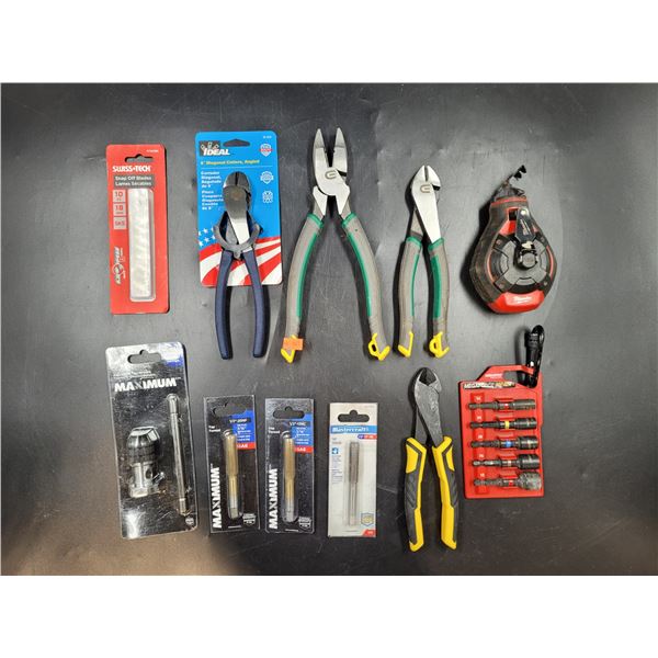 Pliers/Chalk Line/Blades and Bit Lot
