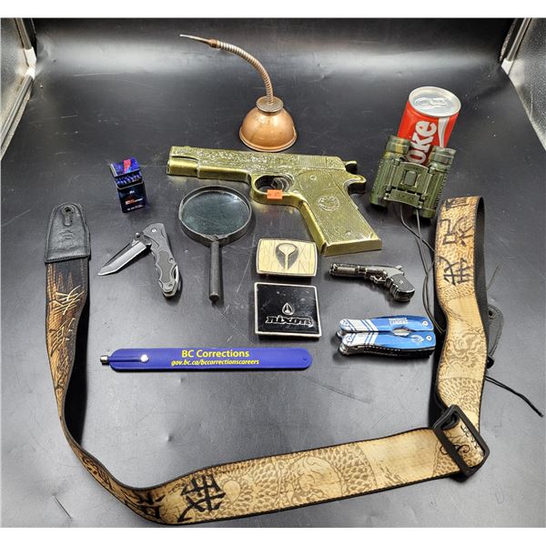 Brass Gun Decor/Lighters/Belt Buckles/Guitar Strap and Knife