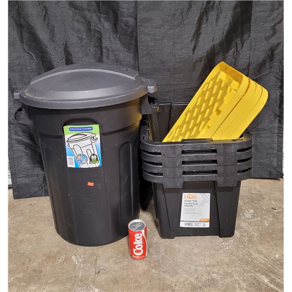4 Small HDX Totes and Garbage Can