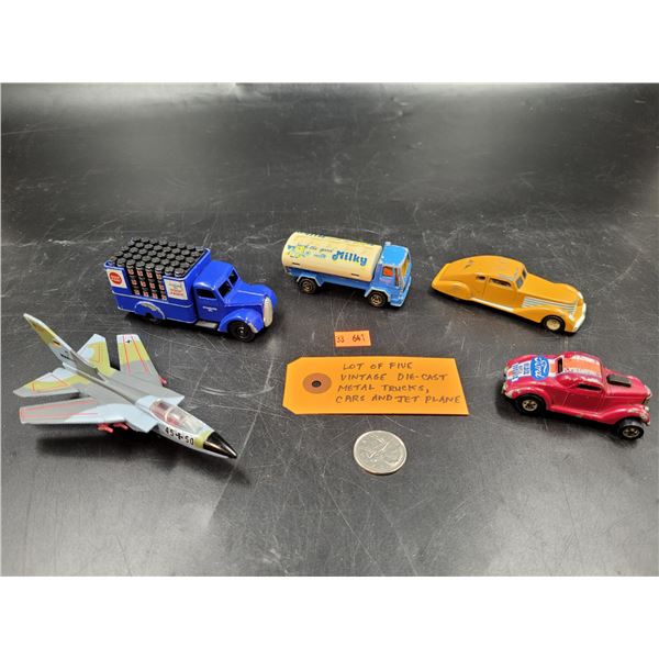 Lot of 5 Vintage Die-Cast Metal Trucks/Cars and Jet Plane