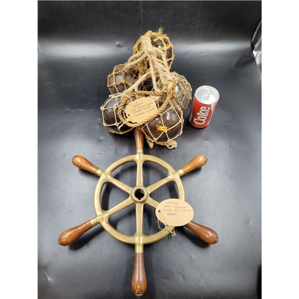5 Japanese Hand Blown Fishing Float and a Brass Boat Steering Wheel 16"