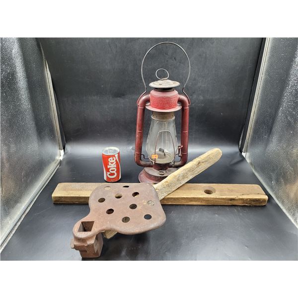 Antique Lantern/Tractor Seat and Wooden Level